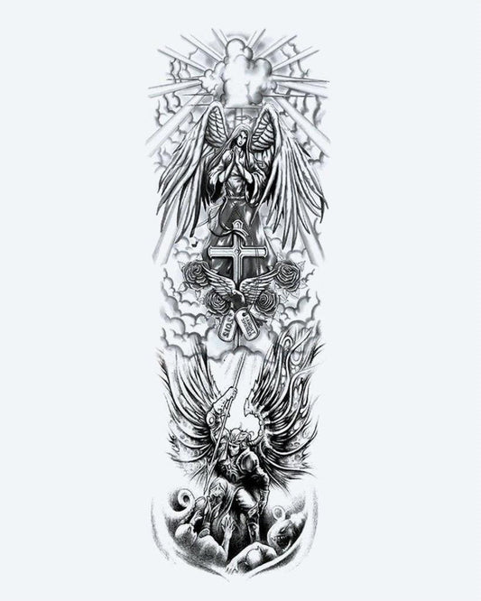 Angels & Cross Sleeve semi-permanent tattoo design by INKON – majestic, full, sleeve, guardian, angels illustration, 8 x 20 in (20x50cm), available at inkon.co