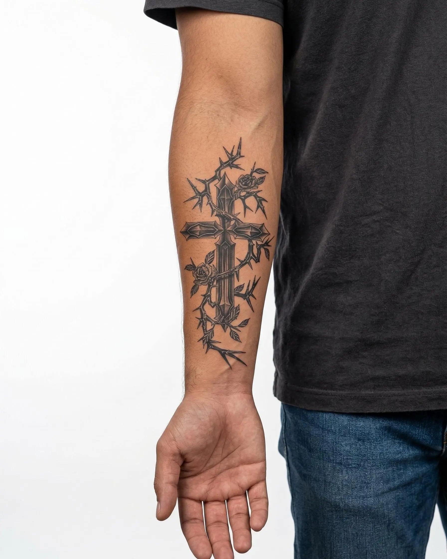 Cross with Roses & Thorns Realistic Temporary Tattoo for Men | INKON