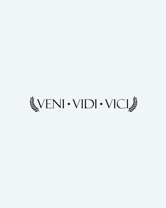 Veni Vidi Vici semi-permanent tattoo design by INKON – latin, phrase, veni, vidi, vici illustration, 4 x 7 in (10x17cm), available at inkon.co