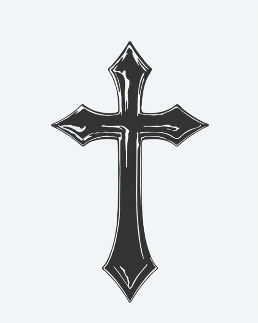 Gothic Cross semi-permanent tattoo design by INKON – gothic, cross, pointed, flared, ends illustration, 3 x 4 in (7x10cm), available at inkon.co