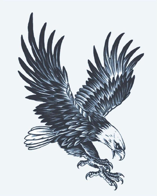 Bald Eagle semi-permanent tattoo design by INKON – majestic, bald, eagle, swooping, down illustration, 4 x 7 in (10x17cm), available at inkon.co