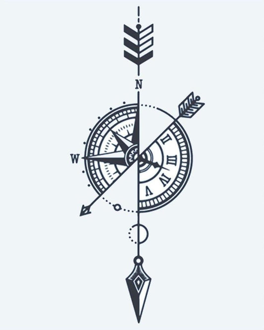 Compass & Arrow semi-permanent tattoo design by INKON – compass, rose, merged, clock, face illustration, 4 x 7 in (10x17cm), available at inkon.co