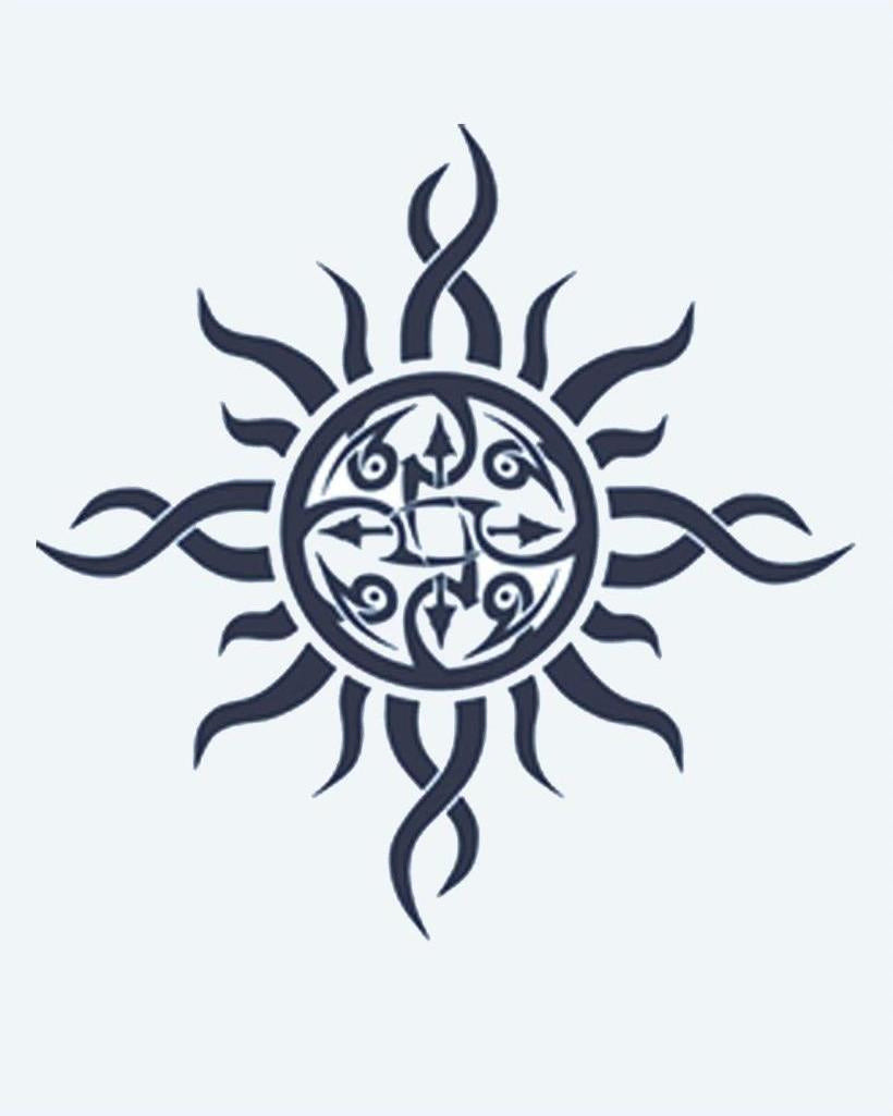 Tribal Sun semi-permanent tattoo design by INKON – ornate, tribal, flowing, flame, rays illustration, 2 x 2 in (5x5cm), available at inkon.co