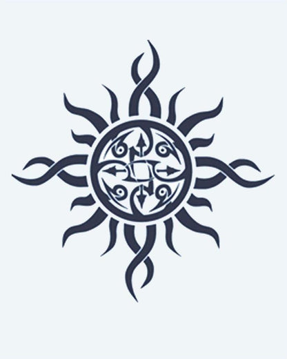 Tribal Sun semi-permanent tattoo design by INKON – ornate, tribal, flowing, flame, rays illustration, 2 x 2 in (5x5cm), available at inkon.co