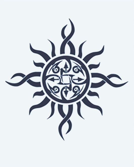 Tribal Sun semi-permanent tattoo design by INKON – ornate, tribal, flowing, flame, rays illustration, 2 x 2 in (5x5cm), available at inkon.co