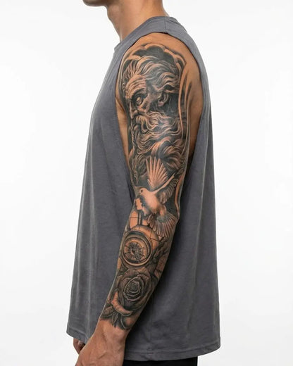 INKON Zeus, Dove & Globe semi-permanent tattoo applied on a man – 8 x 20 in (20x50cm) design, realistic ink look, lasts 10 days