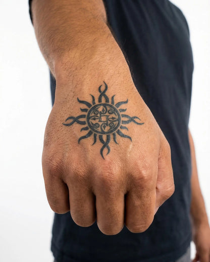 INKON Tribal Sun semi-permanent tattoo applied on a man – 2 x 2 in (5x5cm) design, realistic ink look, lasts 10 days