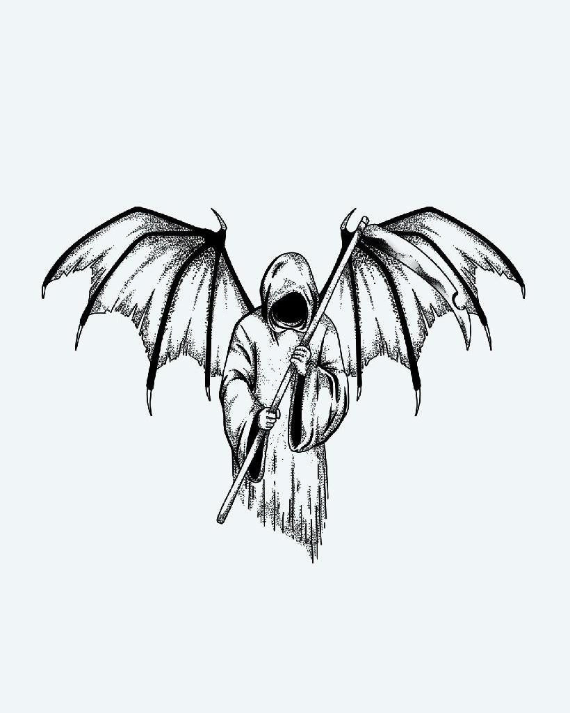 Winged Reaper semi-permanent tattoo design by INKON – dark, dramatic, hooded, grim, reaper illustration, 4 x 7 in (10x17cm), available at inkon.co