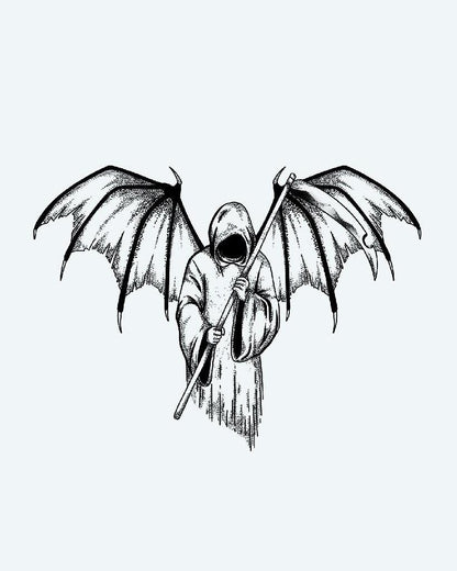Winged Reaper semi-permanent tattoo design by INKON – dark, dramatic, hooded, grim, reaper illustration, 4 x 7 in (10x17cm), available at inkon.co