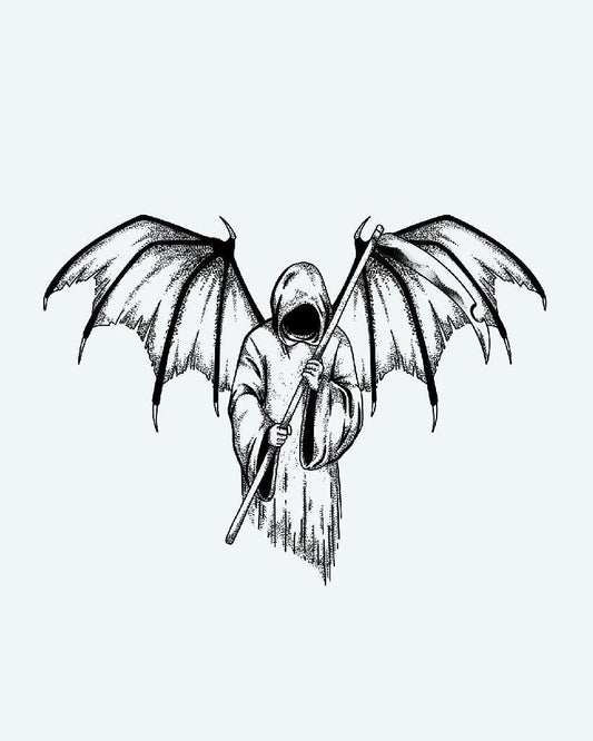 Winged Reaper semi-permanent tattoo design by INKON – dark, dramatic, hooded, grim, reaper illustration, 4 x 7 in (10x17cm), available at inkon.co