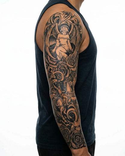INKON Angel & Cherub semi-permanent tattoo applied on a man – 8 x 20 in (20x50cm) design, realistic ink look, lasts 10 days