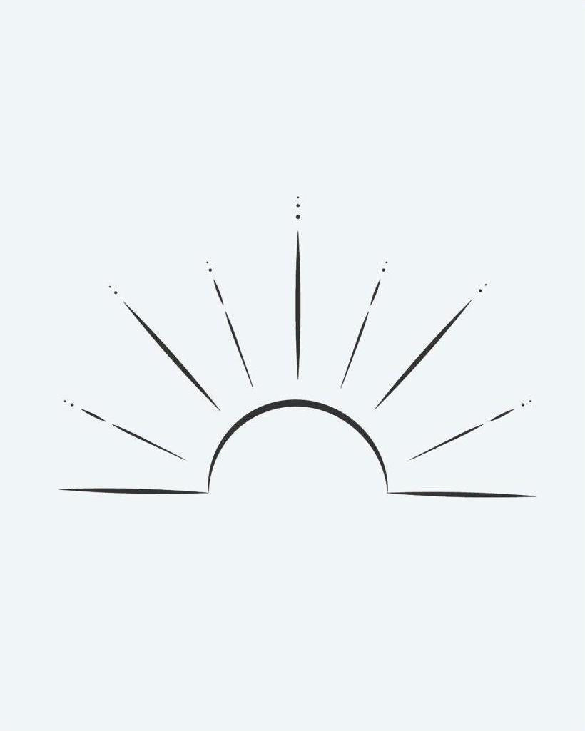 Rising Sun semi-permanent tattoo design by INKON – delicate, half, radiating, rays, dotted illustration, 2 x 2 in (5x5cm), available at inkon.co