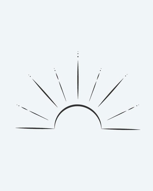 Rising Sun semi-permanent tattoo design by INKON – delicate, half, radiating, rays, dotted illustration, 2 x 2 in (5x5cm), available at inkon.co
