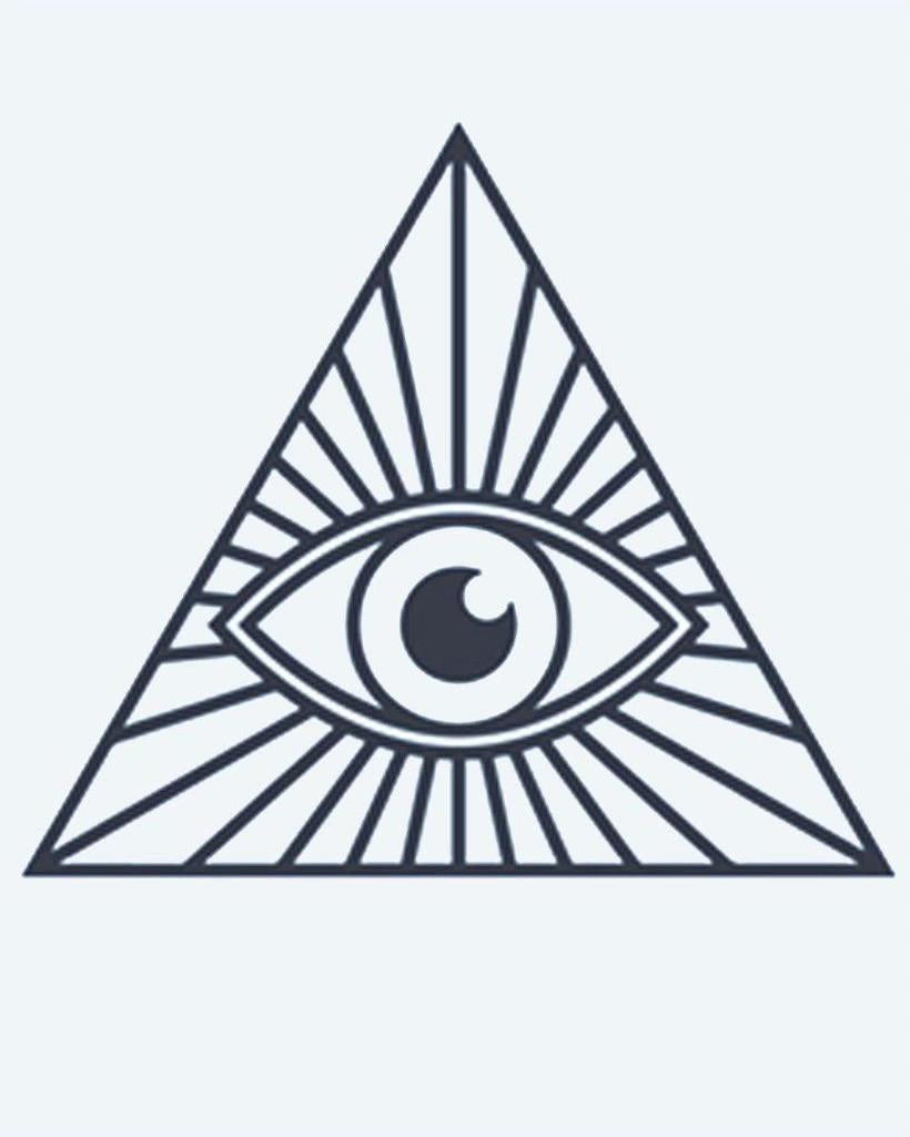 All-Seeing Eye semi-permanent tattoo design by INKON – providence, inside, triangle, radiating, light illustration, 2 x 2 in (5x5cm), available at inkon.co