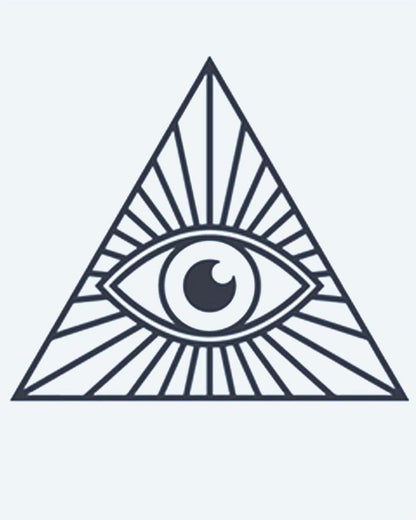 All-Seeing Eye semi-permanent tattoo design by INKON – providence, inside, triangle, radiating, light illustration, 2 x 2 in (5x5cm), available at inkon.co