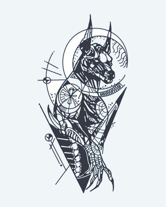Geometric Anubis semi-permanent tattoo design by INKON – egyptian, anubis, rendered, geometric, mechanical illustration, 4 x 7 in (10x17cm), available at inkon.co