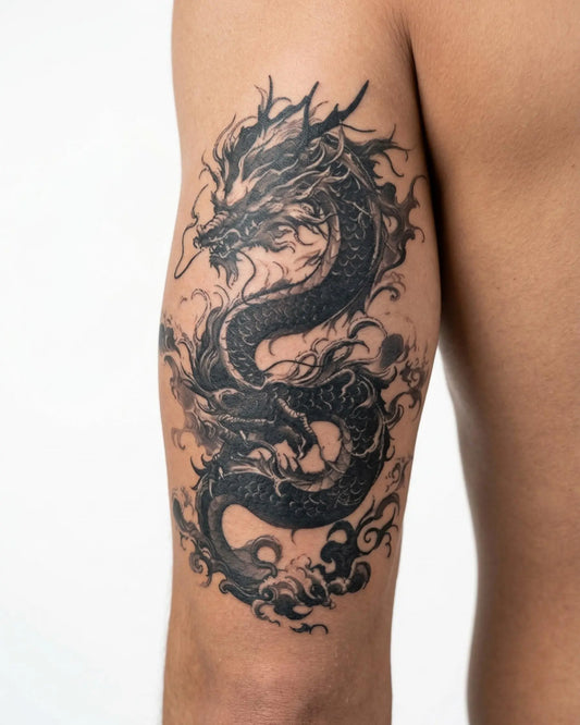 INKON Asian Dragon semi-permanent tattoo applied on a man – 4 x 7 in (10x17cm) design, realistic ink look, lasts 10 days