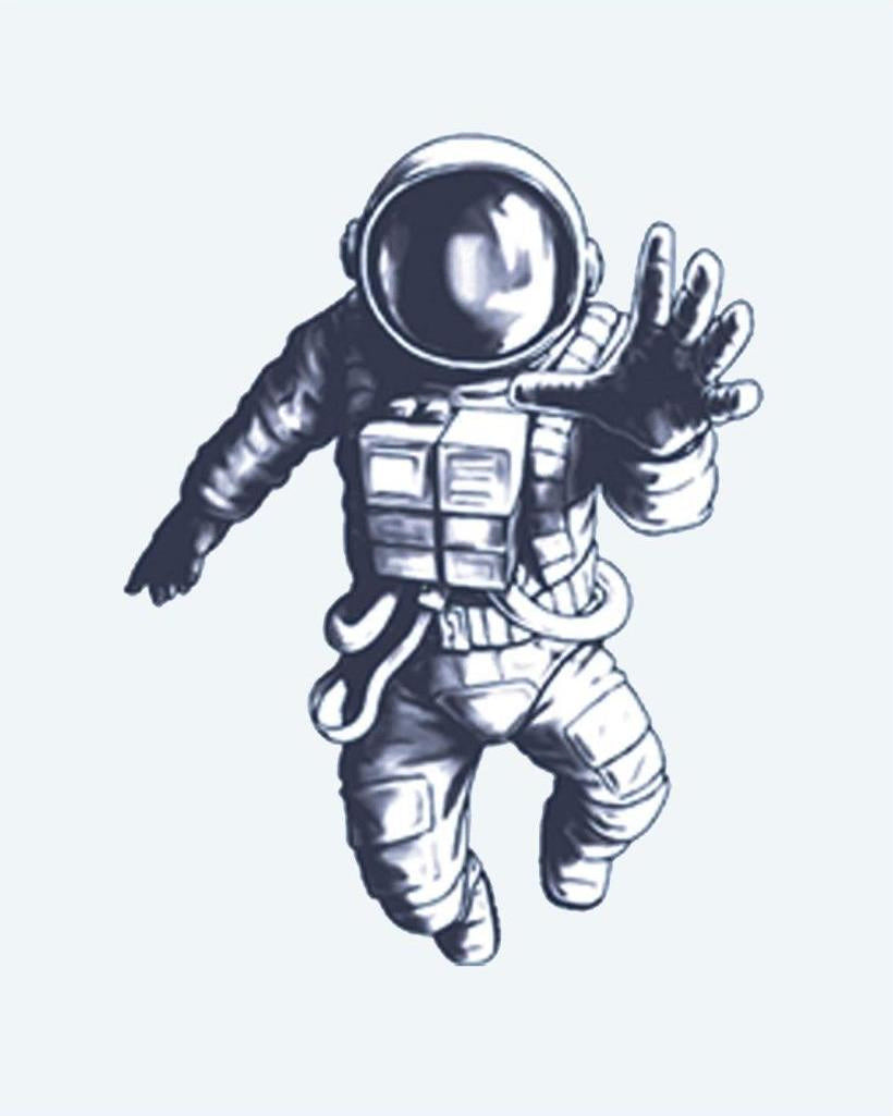 Floating Astronaut semi-permanent tattoo design by INKON – astronaut, floating, zero, gravity, reaching illustration, 2 x 2 in (5x5cm), available at inkon.co