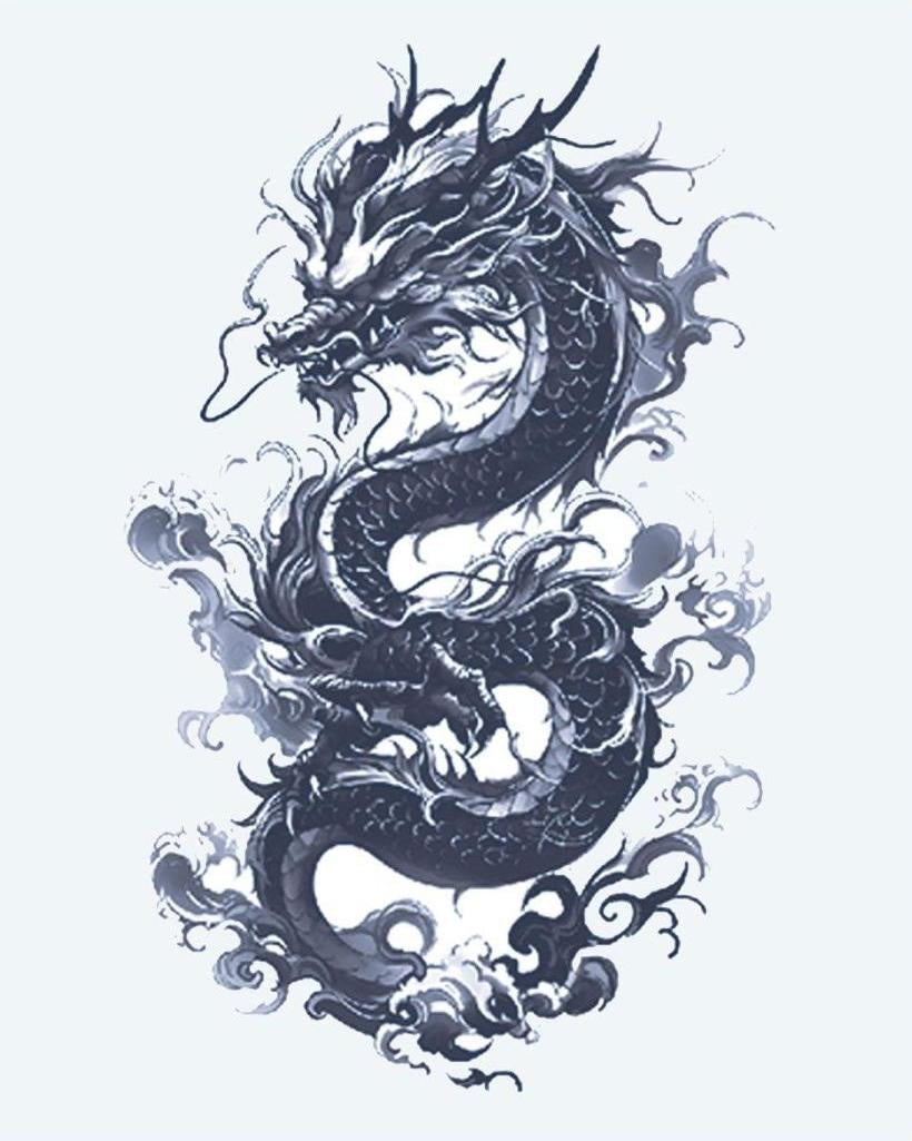Asian Dragon semi-permanent tattoo design by INKON – majestic, coiling, asian, dragon, flowing illustration, 4 x 7 in (10x17cm), available at inkon.co
