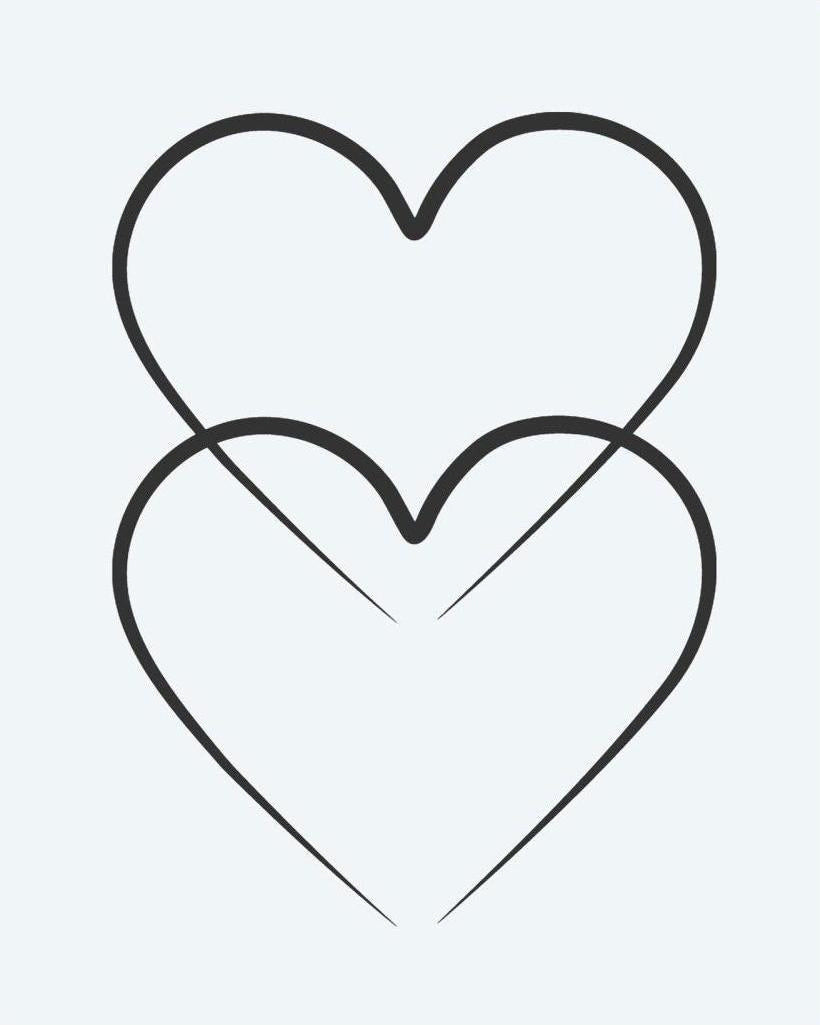 Double Hearts semi-permanent tattoo design by INKON – overlapping, outlined, hearts, line, behind illustration, 2 x 2 in (5x5cm), available at inkon.co