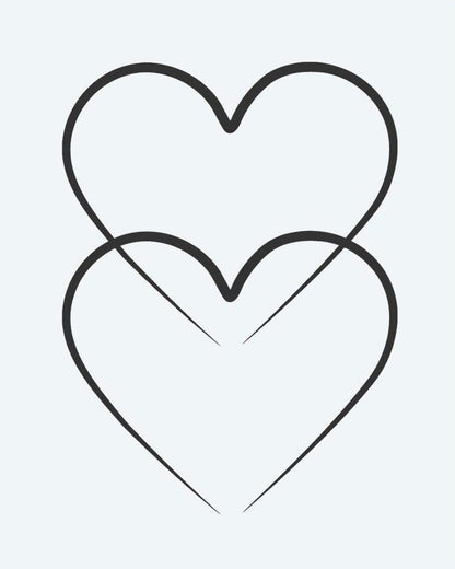 Double Hearts semi-permanent tattoo design by INKON – overlapping, outlined, hearts, line, behind illustration, 2 x 2 in (5x5cm), available at inkon.co