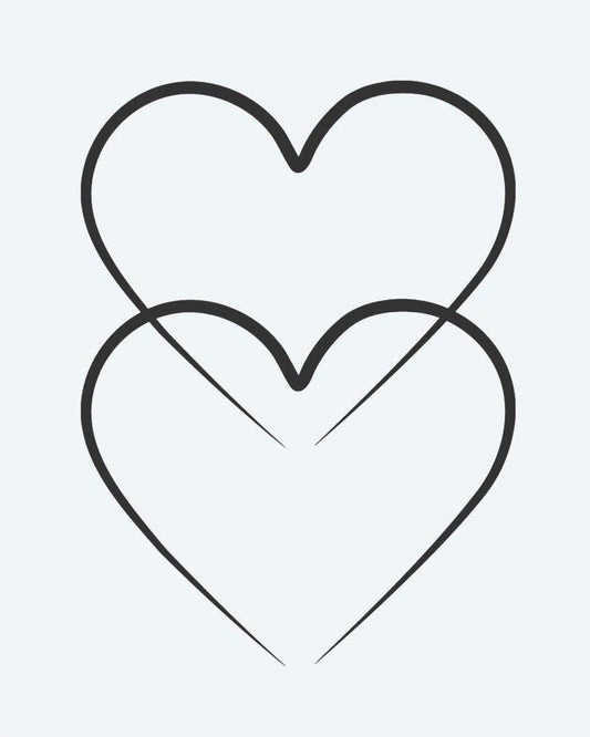 Double Hearts semi-permanent tattoo design by INKON – overlapping, outlined, hearts, line, behind illustration, 2 x 2 in (5x5cm), available at inkon.co