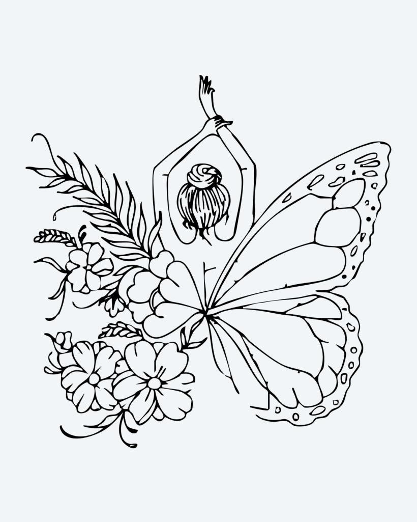 Floral Butterfly Woman semi-permanent tattoo design by INKON – whimsical, woman, butterfly, wings, surrounded illustration, 4 x 4 in (9x9cm), available at inkon.co