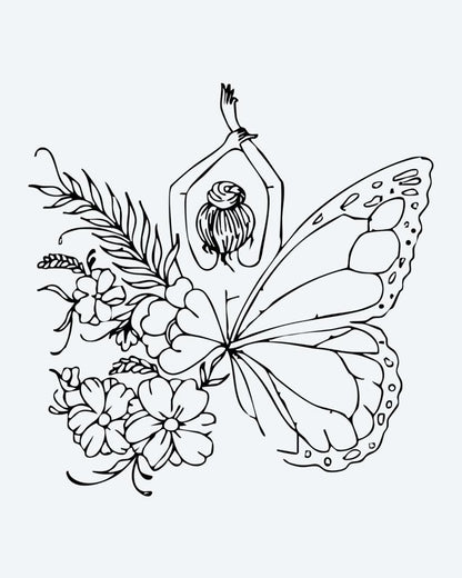 Floral Butterfly Woman semi-permanent tattoo design by INKON – whimsical, woman, butterfly, wings, surrounded illustration, 4 x 4 in (9x9cm), available at inkon.co