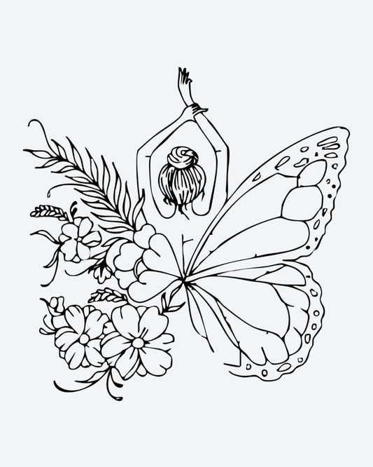 Floral Butterfly Woman semi-permanent tattoo design by INKON – whimsical, woman, butterfly, wings, surrounded illustration, 4 x 4 in (9x9cm), available at inkon.co