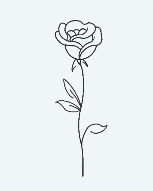 Single Rose semi-permanent tattoo design by INKON – delicate, single, stemmed, rose, leaves illustration, 2 x 2 in (5x5cm), available at inkon.co