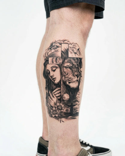 INKON Praying Woman, Lion & Cross semi-permanent tattoo applied on a man – 4 x 7 in (10x17cm) design, realistic ink look, lasts 10 days