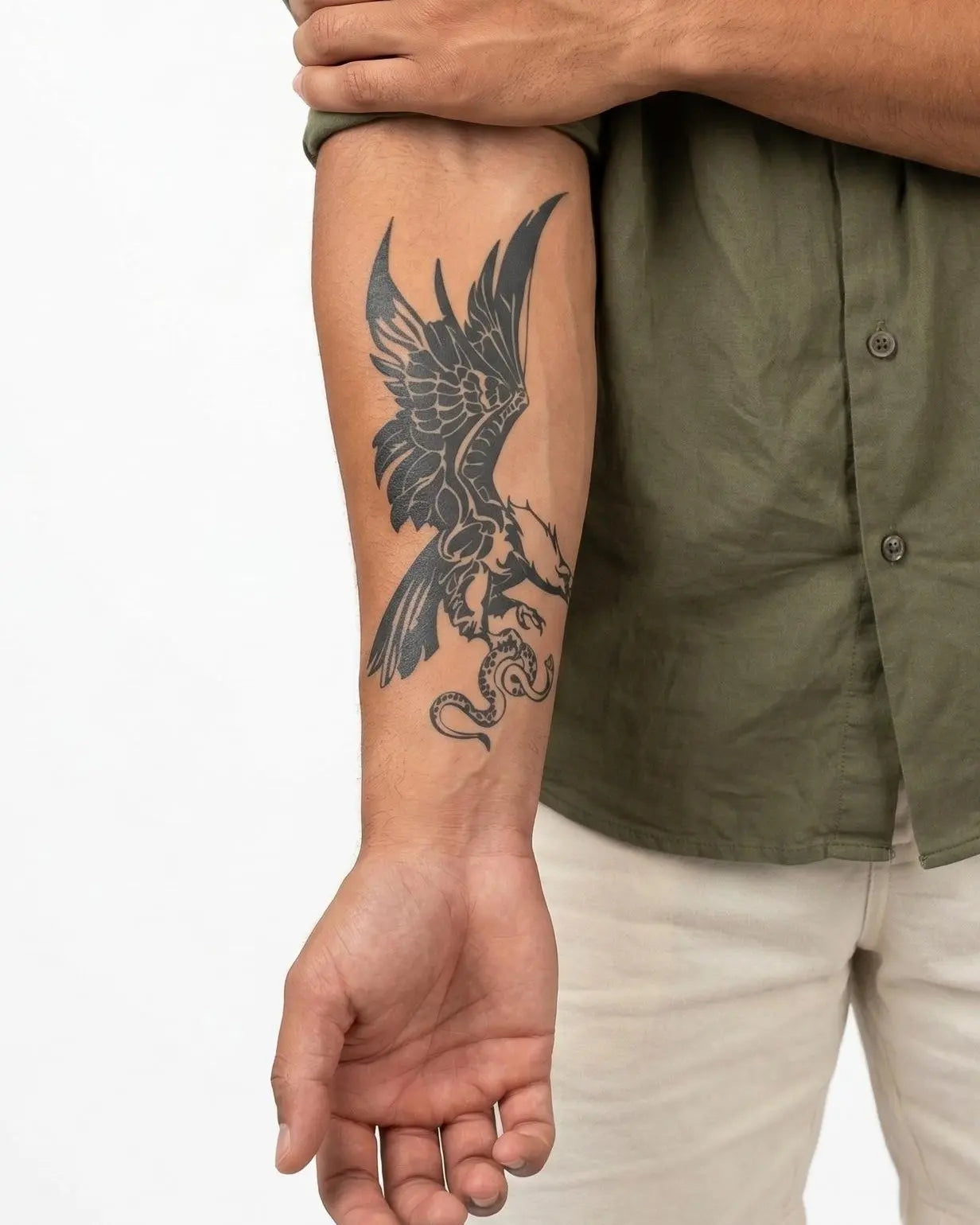 INKON Eagle & Snake semi-permanent tattoo applied on a man – 4 x 7 in (10x17cm) design, realistic ink look, lasts 10 days
