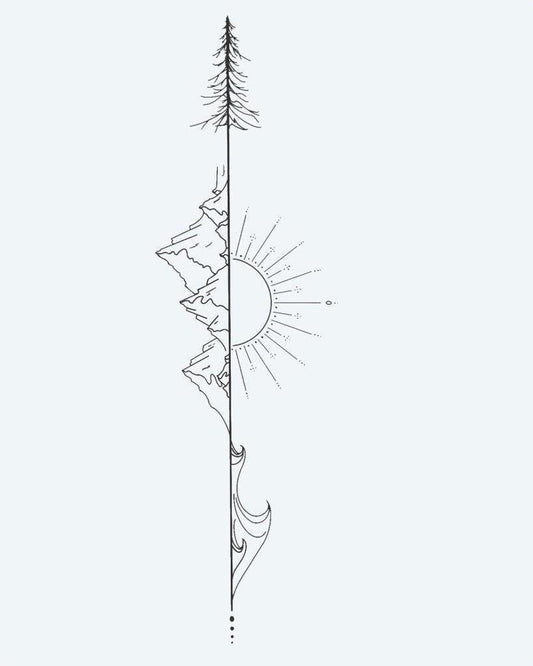 Nature Arrow semi-permanent tattoo design by INKON – vertical, line, combining, pine, tree illustration, 4 x 7 in (10x17cm), available at inkon.co