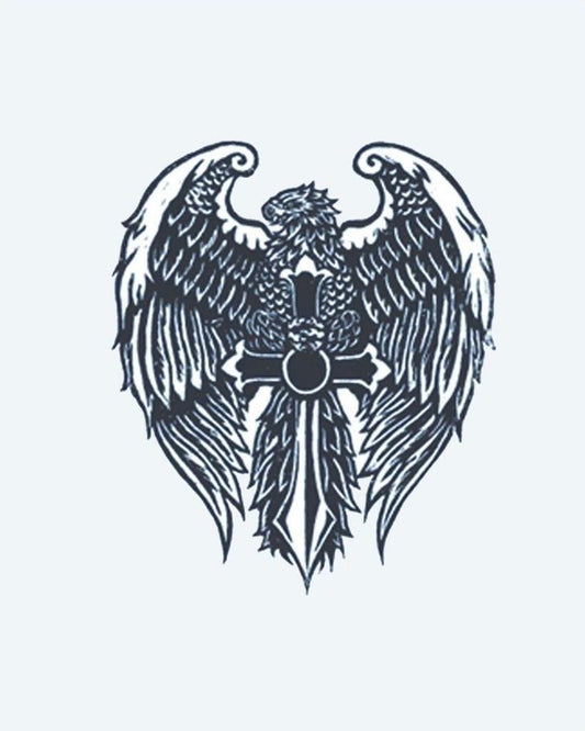 Eagle & Cross semi-permanent tattoo design by INKON – eagle, spread, wings, perched, ornate illustration, 3 x 4 in (7x10cm), available at inkon.co