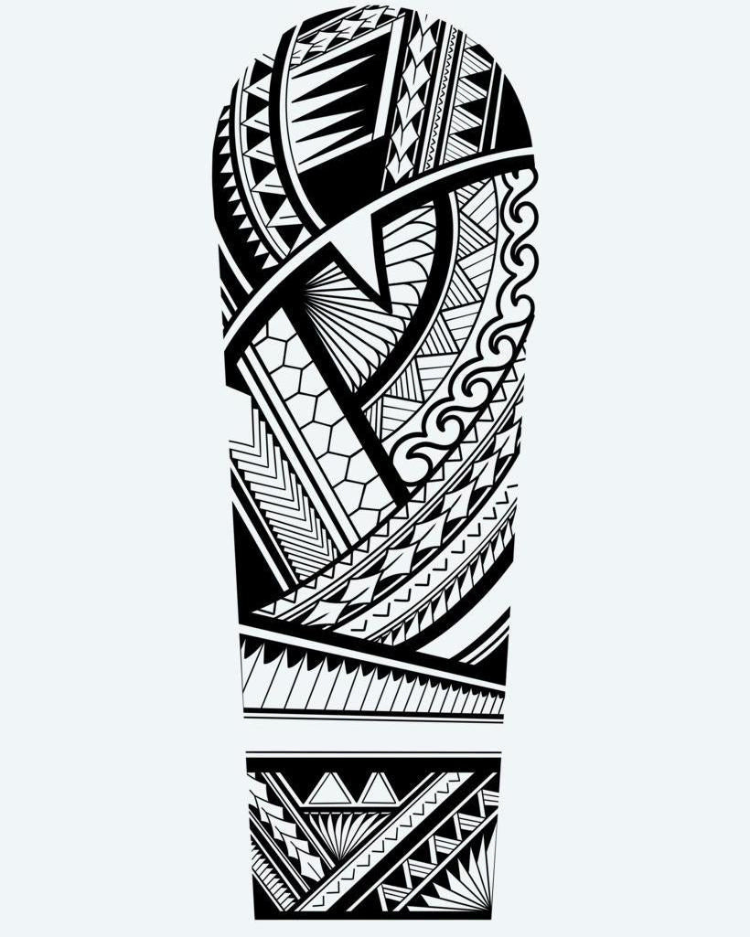 Samoan Geometric Sleeve semi-permanent tattoo design by INKON – samoan, layered, geometric, bands, wave illustration, 8 x 20 in (20x50cm), available at inkon.co
