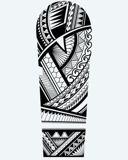 Samoan Geometric Sleeve semi-permanent tattoo design by INKON – samoan, layered, geometric, bands, wave illustration, 8 x 20 in (20x50cm), available at inkon.co