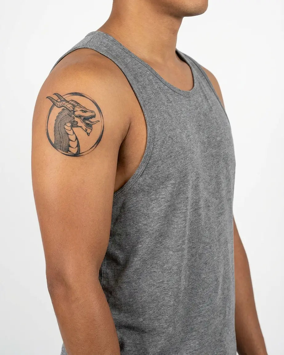 INKON Horned Dragon Portrait semi-permanent tattoo applied on a man – 4 x 4 in (9x9cm) design, realistic ink look, lasts 10 days