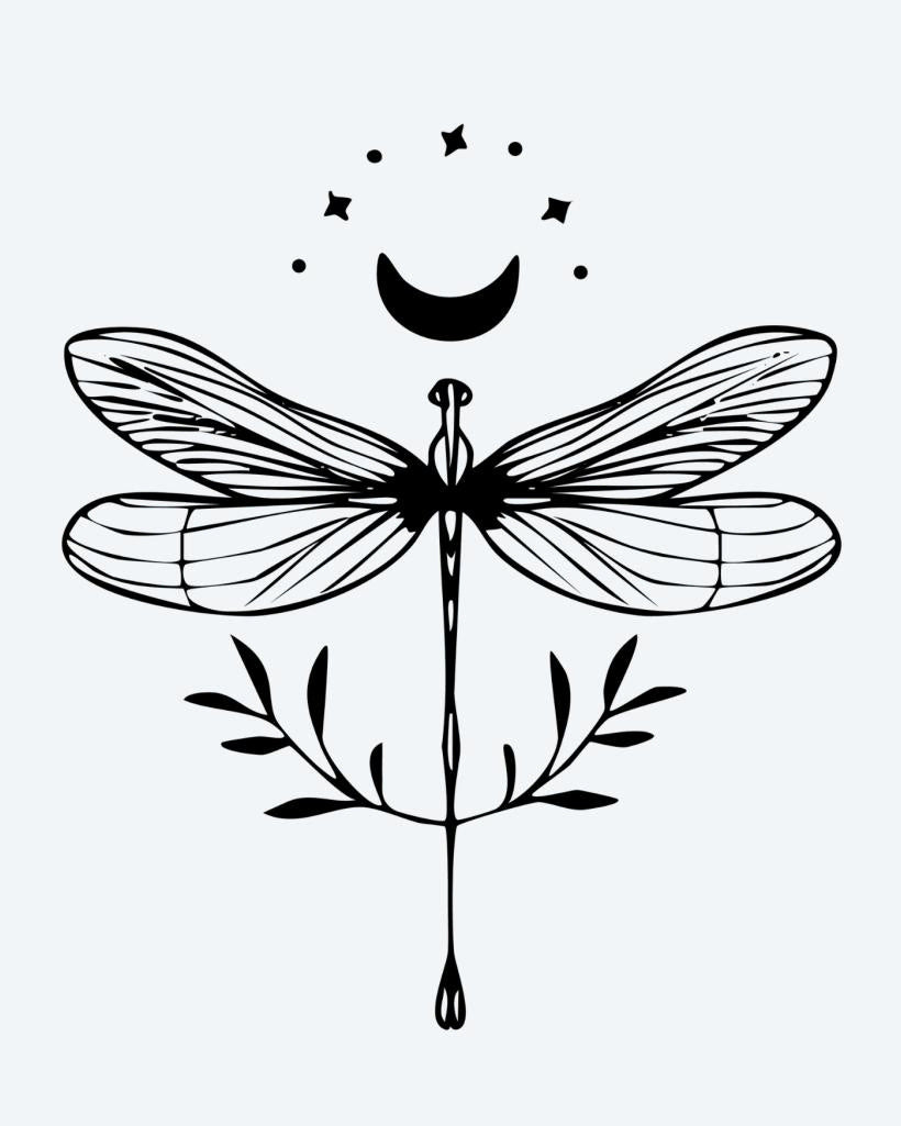 Celestial Dragonfly semi-permanent tattoo design by INKON – whimsical, dragonfly, crescent, moon, stars illustration, 3 x 4 in (6x11cm), available at inkon.co