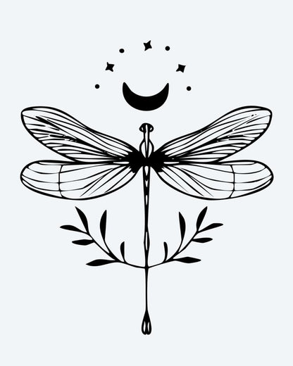Celestial Dragonfly semi-permanent tattoo design by INKON – whimsical, dragonfly, crescent, moon, stars illustration, 3 x 4 in (6x11cm), available at inkon.co