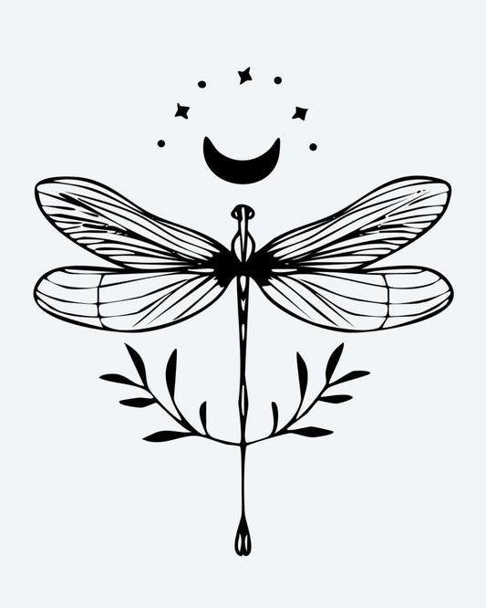 Celestial Dragonfly semi-permanent tattoo design by INKON – whimsical, dragonfly, crescent, moon, stars illustration, 3 x 4 in (6x11cm), available at inkon.co