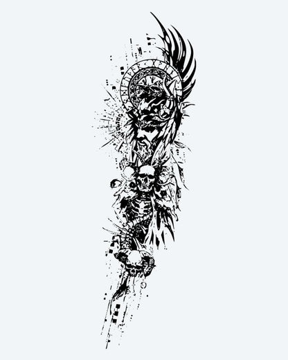 Dark Angel & Skull Totem semi-permanent tattoo design by INKON – intense, angelic, figure, skulls, wings illustration, 8 x 20 in (20x50cm), available at inkon.co