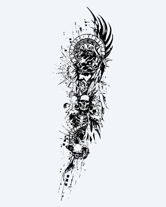 Dark Angel & Skull Totem semi-permanent tattoo design by INKON – intense, angelic, figure, skulls, wings illustration, 8 x 20 in (20x50cm), available at inkon.co