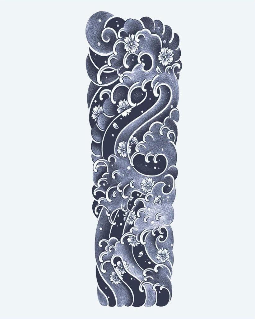 Japanese Waves & Sakura semi-permanent tattoo design by INKON – full, sleeve, japanese, waves, rolling illustration, 8 x 20 in (20x50cm), available at inkon.co
