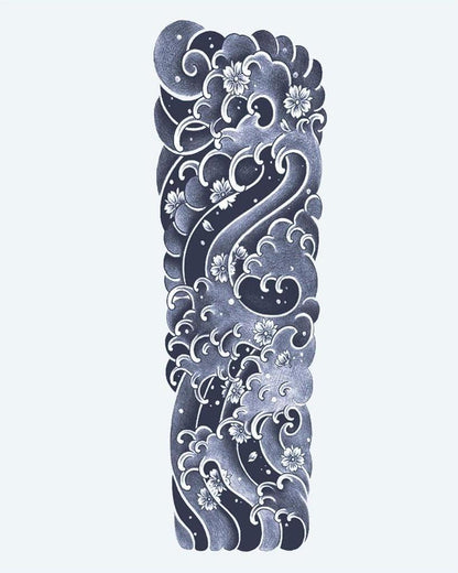 Japanese Waves & Sakura semi-permanent tattoo design by INKON – full, sleeve, japanese, waves, rolling illustration, 8 x 20 in (20x50cm), available at inkon.co