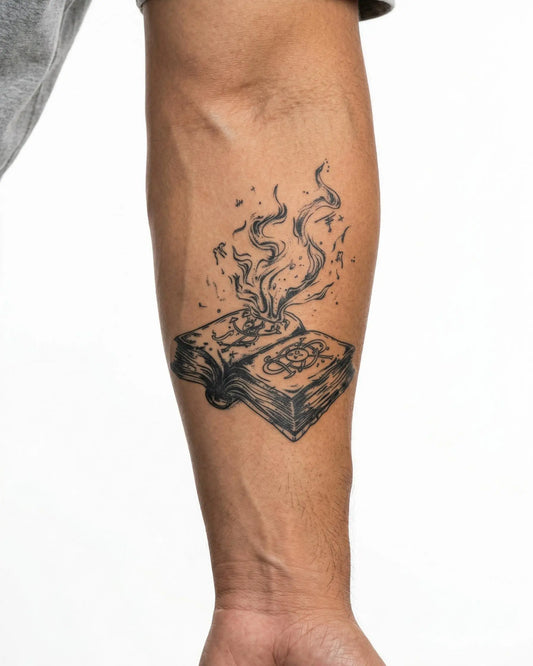 INKON Burning Spell Book semi-permanent tattoo applied on a man – 4 x 4 in (9x9cm) design, realistic ink look, lasts 10 days