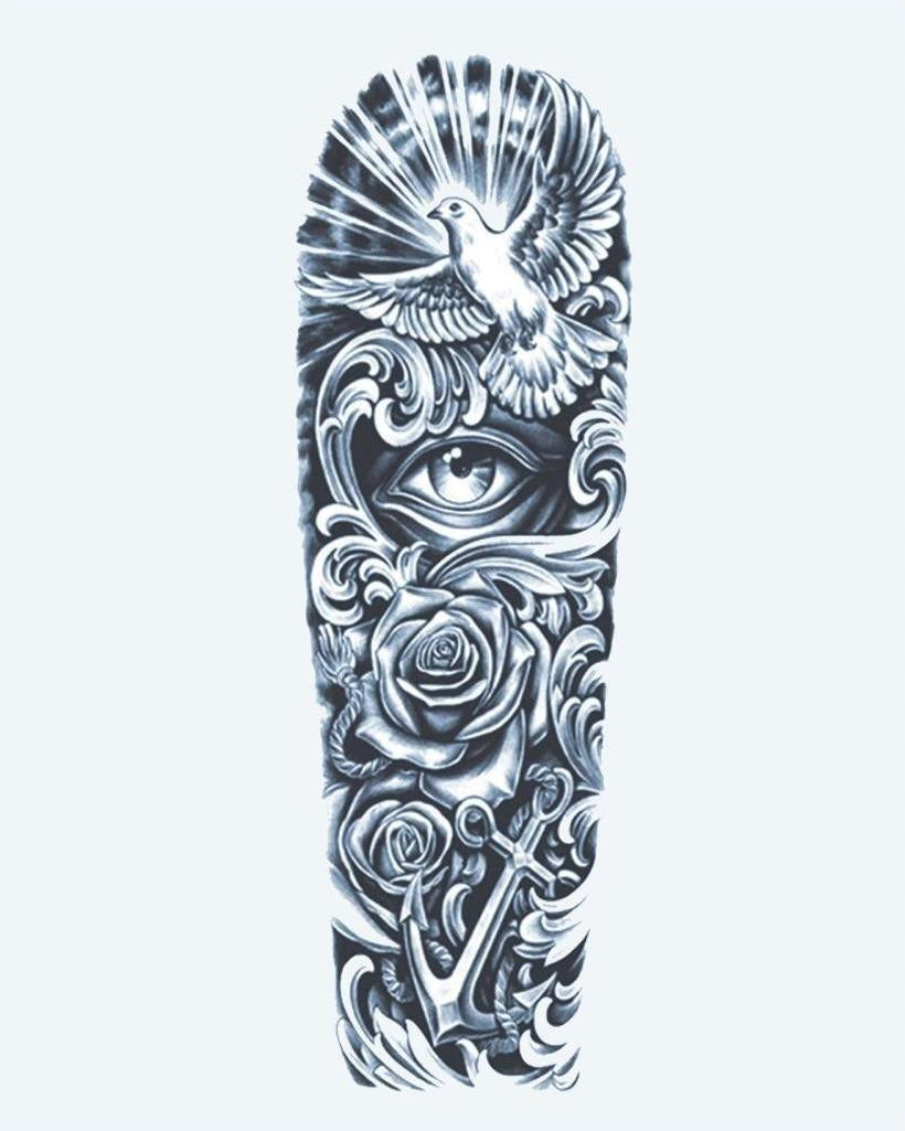 Dove, Eye & Anchor semi-permanent tattoo design by INKON – symbolic, full, sleeve, dove, flight illustration, 8 x 20 in (20x50cm), available at inkon.co