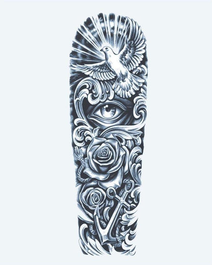 Dove, Eye & Anchor semi-permanent tattoo design by INKON – symbolic, full, sleeve, dove, flight illustration, 8 x 20 in (20x50cm), available at inkon.co