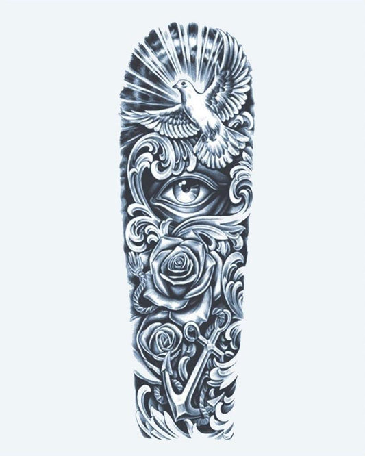 Dove, Eye & Anchor semi-permanent tattoo design by INKON – symbolic, full, sleeve, dove, flight illustration, 8 x 20 in (20x50cm), available at inkon.co