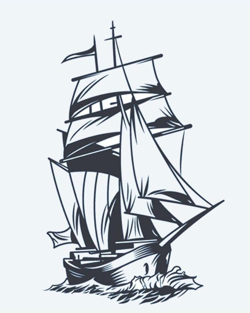 Sailing Ship semi-permanent tattoo design by INKON – tall, ship, full, sails, cutting illustration, 4 x 7 in (10x17cm), available at inkon.co