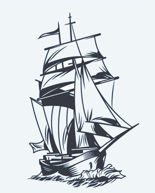 Sailing Ship semi-permanent tattoo design by INKON – tall, ship, full, sails, cutting illustration, 4 x 7 in (10x17cm), available at inkon.co